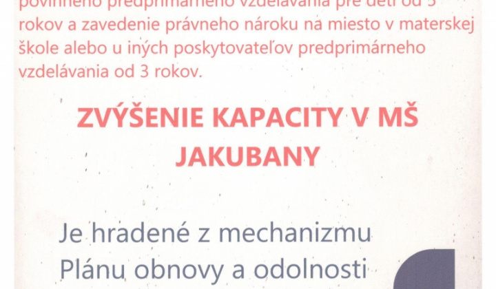 1. fotografia fotogalérie Projekty / Zvýšenie kapacity v MŠ Jakubany - foto