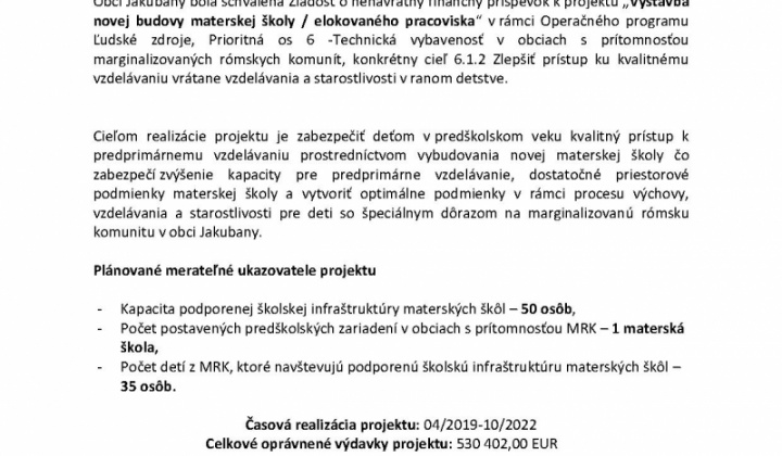 1. fotografia fotogalérie Projekty / Výstavba novej budovy materskej školy/elokovaného pracoviska - foto