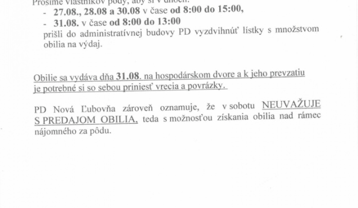 1. fotografia fotogalérie PD Nová Ľubovňa - obilie za nájomné za pôdu - foto