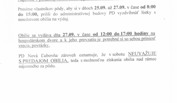 1. fotografia fotogalérie PD Nová Ľubovňa - obilie za nájomné za pôdu - foto