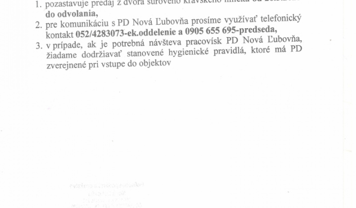 1. fotografia fotogalérie PD NL - Oznam o zastavení predaja surového kravského mlieka z dvora - foto